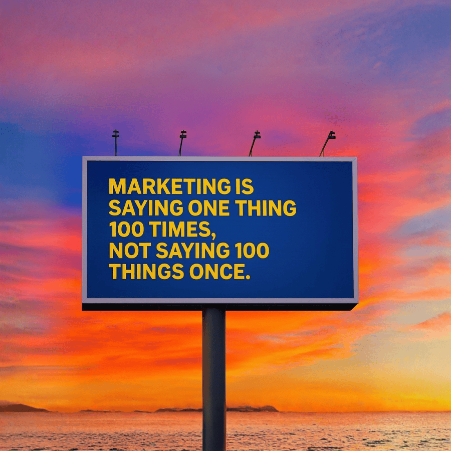 Billboard at sunset with the quote “Marketing is saying one thing 100 times, not saying 100 things once” in bold yellow text.